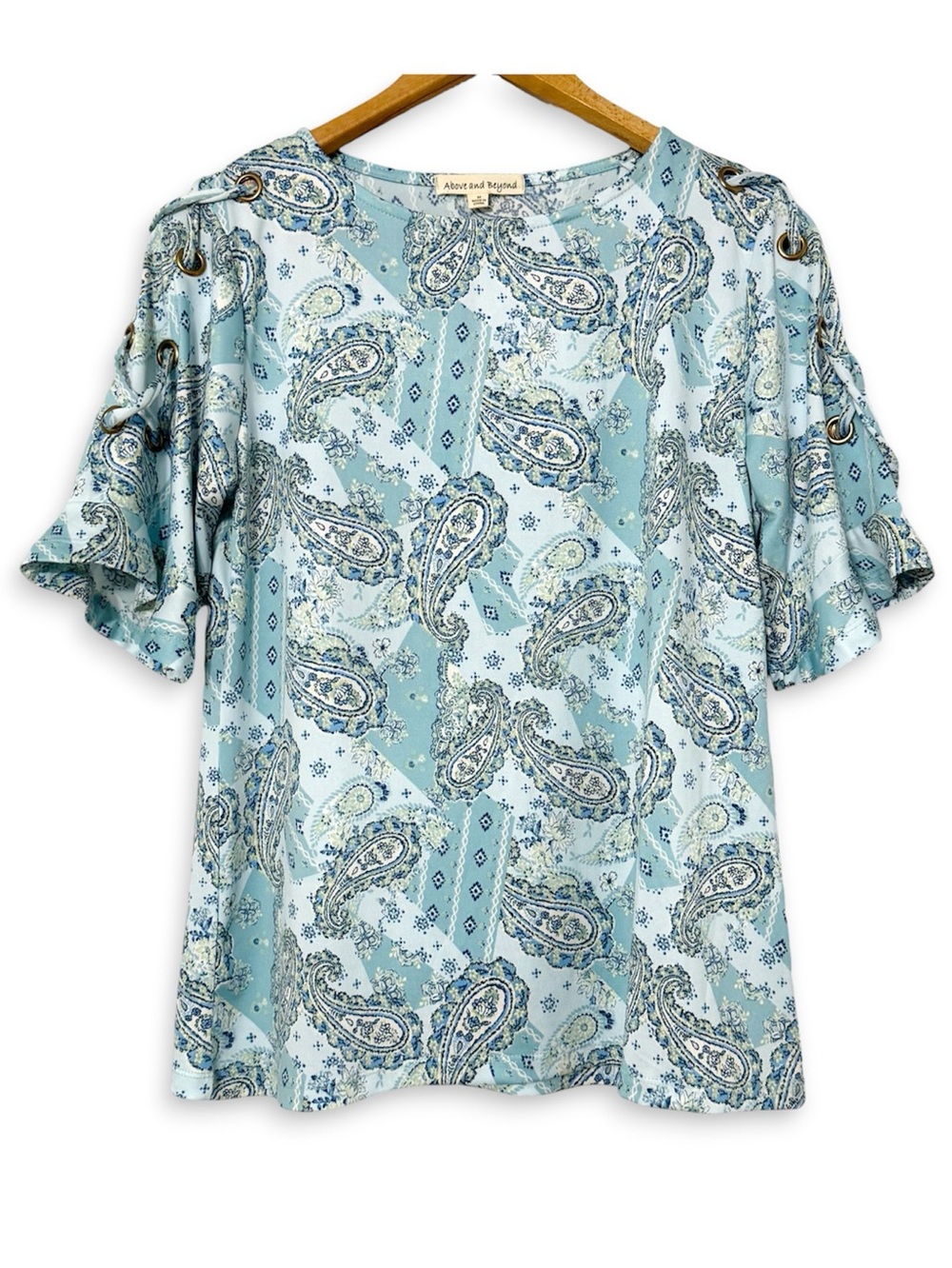Lace Up Grommet Bell Sleeve Blouse by Above and Beyond in Paisley Turquoise NWT